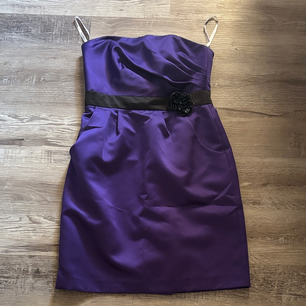 David's Bridal Purple Asymmetrical Bodice Strapless Cocktail